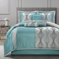 LANCO MODERN LIFESTYLE California King Comforter Set, Blue, 7 Pieces in a Bag, Ultra Soft Jacquard with Solid Piecework, Luxury Bed Set with Comforters, Bed Skirt, Pillow Shams and Decorative Pillows