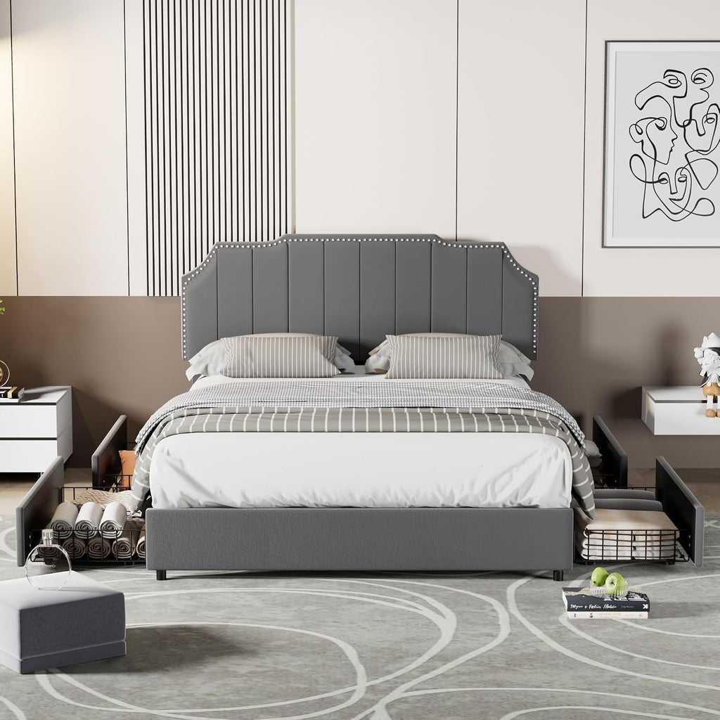 VECELO Full Bed Frame 4 Storage Drawers & Upholstered Platform &Tufted Adjustable Headboard/Mattress Foundation/Wood Slat Support,Easy Assembly,Dark Grey