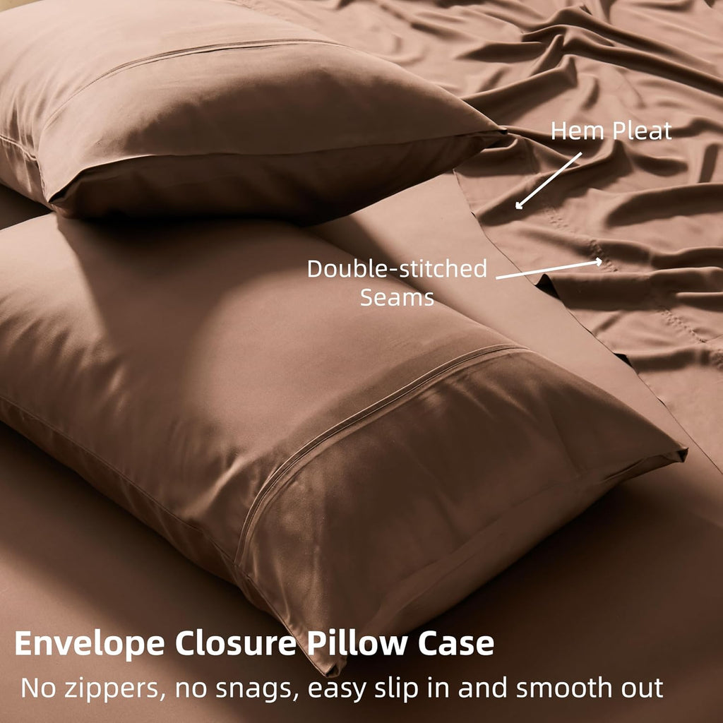 GOKOTTA 4-Pcs King Size Sheets Set, 100% Rayon Derived from Bamboo, 16 Inch Deep Pocket King Sheets with Elastic Corner Straps, Cooling Sheets for Hot Sleepers - Silky Soft & Breathable - Cocoa Brown