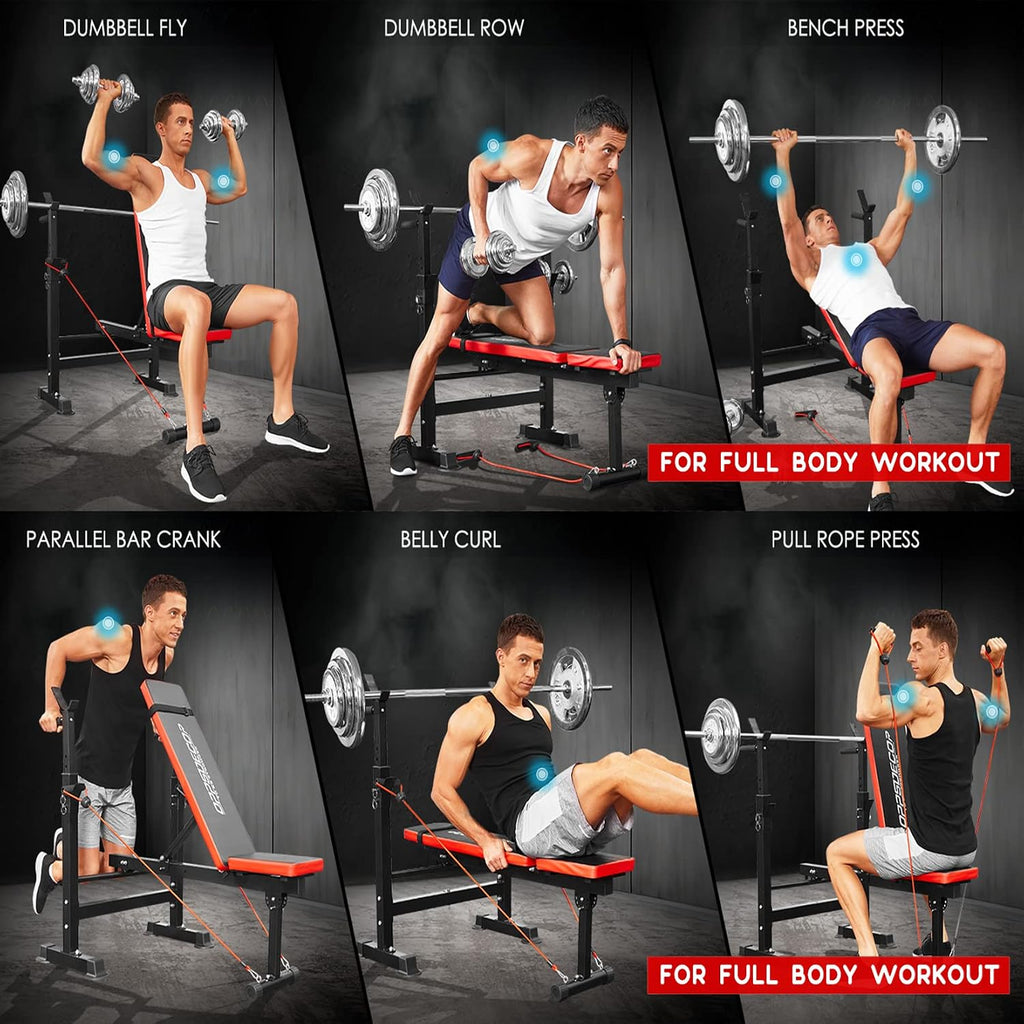 OPPSDECOR 6 in 1 900LBS Weight Bench with Leg Extension and Leg Curl, Foldable Bench Press Set and Squat Barbell Rack with Preacher Curl, Adjustable Workout Bench for Home Gym Strength Training PXZXYX1
