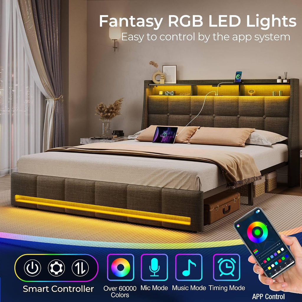 Rolanstar Full Size Bed Frame with LED Lights and Charging Station, Upholstered Headboard with 2-Tier Storage Shelves, Heavy Duty Metal Frame, Noise-Free Support, Easy Assembly, No Box Spring Needed