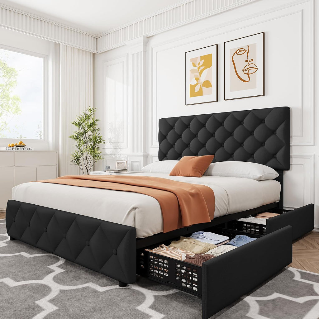 Full Size Bed Frame with 4 Storage Drawers, Linen Upholstered Platform Bed Frame with Headboard and Footboard, Wooden Slats Support, Diamond Stitched Button Tufted, No Box Spring Needed, Black