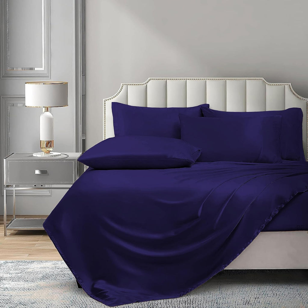6 Piece Mulberry Silk Sheet Set Queen Size (60x80)+ Upto 16 Inch Deep Pocket Navy Blue Color Smooth Soft and Silk Bed Sheets Queen Size Bedding Set