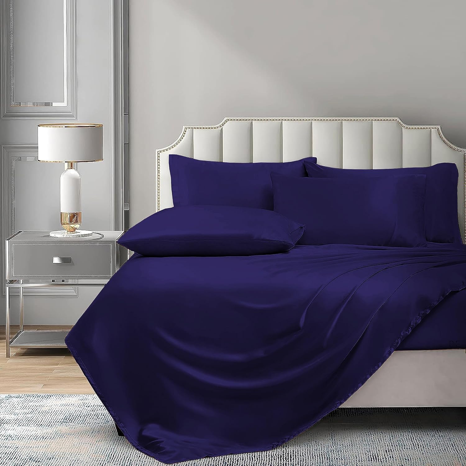 6 Piece Mulberry Silk Sheet Set Queen Size (60x80)+ Upto 16 Inch Deep Pocket Navy Blue Color Smooth Soft and Silk Bed Sheets Queen Size Bedding Set