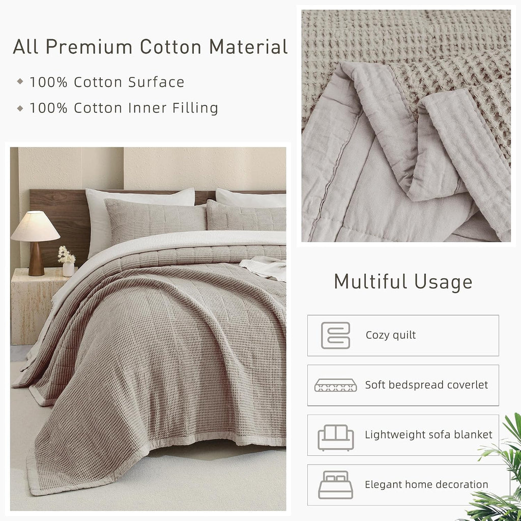 CozyTide 100% Cotton King Size Quilt(110x98 Inch),Dark Khaki Lightweight Waffle Bedspread Vintage Farmhouse Boho King Quilt Bedding Set Ultra Soft