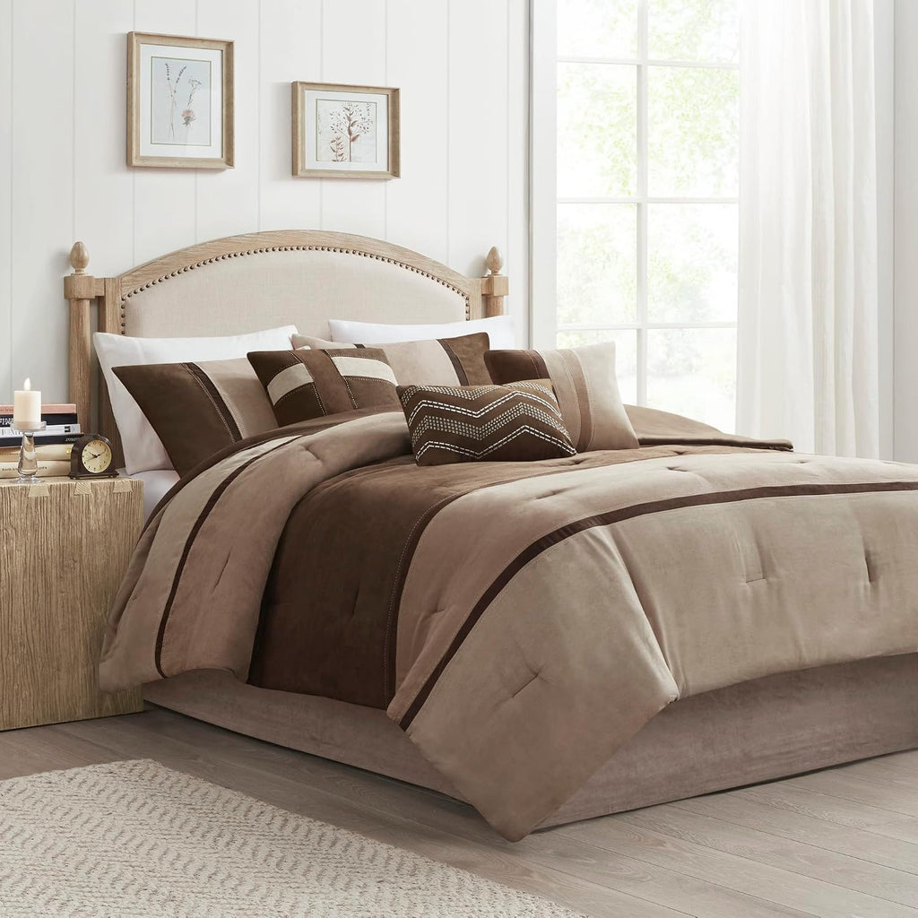 Madison Park Palisades Comforter Set Modern Faux Suede Pieced Stripe Design, All Season Down Alternative Cozy Bedding with Matching Shams, Decorative Pillows, Cal King(104'x92'), Brown 7 Piece