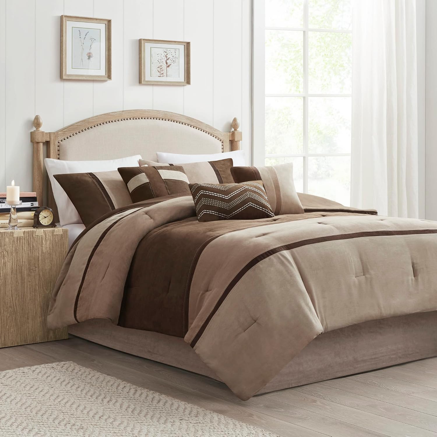 Madison Park Palisades Comforter Set Modern Faux Suede Pieced Stripe Design, All Season Down Alternative Cozy Bedding with Matching Shams, Decorative Pillows, Cal King(104'x92'), Brown 7 Piece