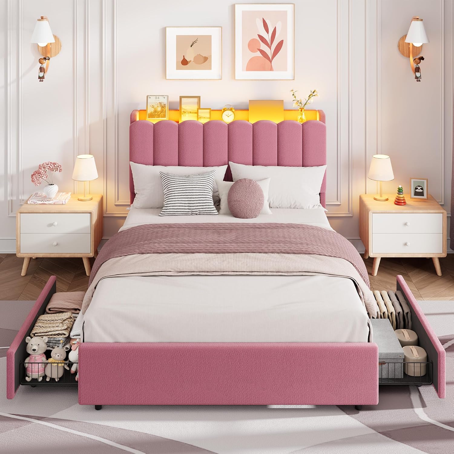 Garvee LED Full Size Bed Frame with Storage Headboard, Kids Bed Frame with 2 Drawers, Boucle Upholstered Platform Bed for Girls, Chic Wavy Headboard with Bookcase, No Box Spring Needed, Dark Pink
