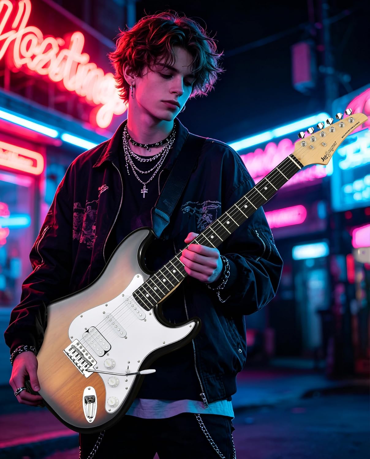 Leo Jaymz Beginner Electric Guitar Complete Kit with Portable Amp, Padded Gig Bag & Full Accessories, Maple Neck HSS Pickups (Sunburst-HSS)