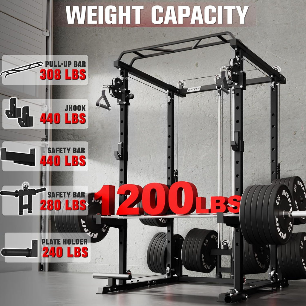 RitFit Multi-Function Garage & Home Gym Package Includes 1200LBS Power Cage PPC03/P3 with Cable Crossover System, Weight Bench, Olympic Barbell Weight Set, Full Body Workout