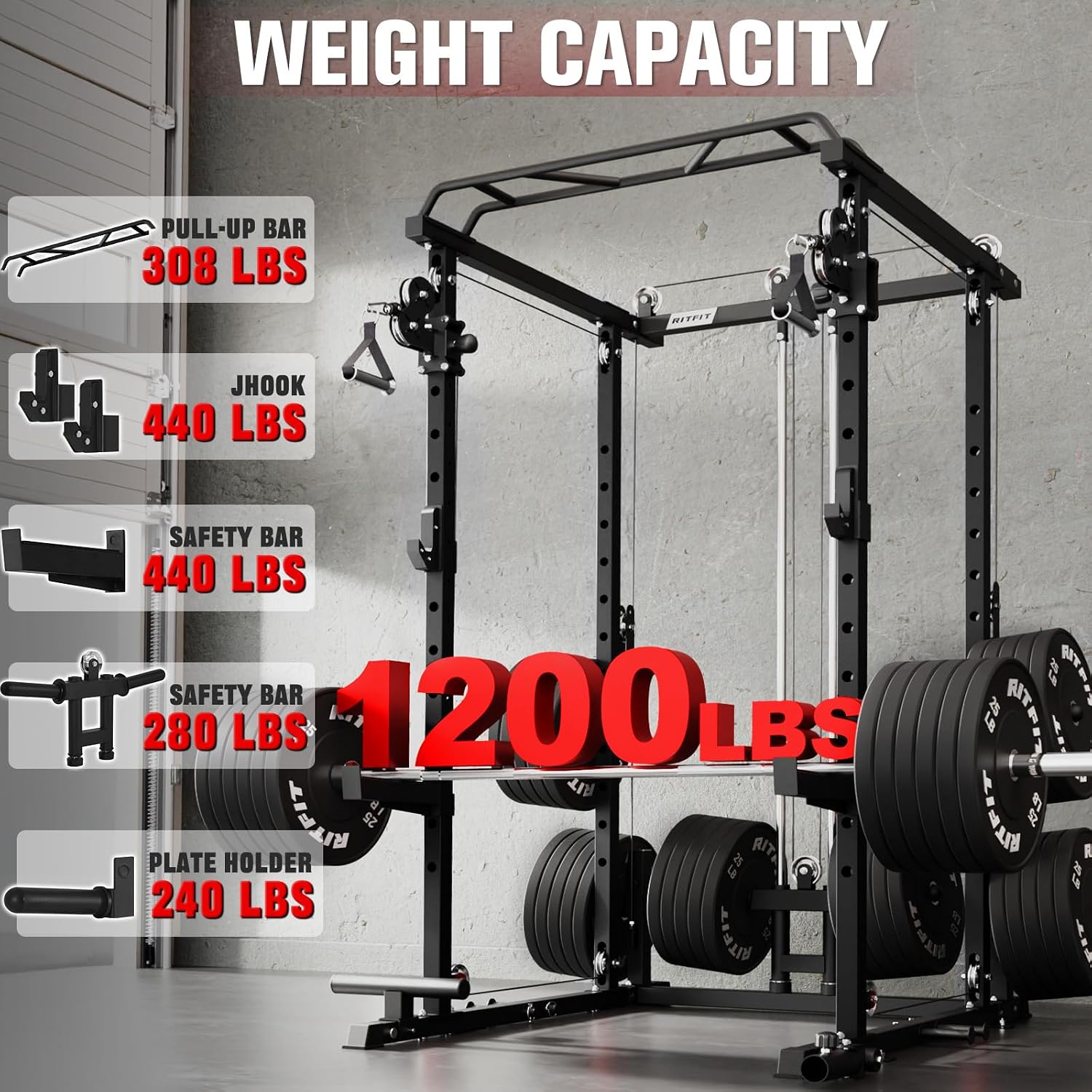 RitFit Multi-Function Garage & Home Gym Package Includes 1200LBS Power Cage PPC03/P3 with Cable Crossover System, Weight Bench, Olympic Barbell Weight Set, Full Body Workout