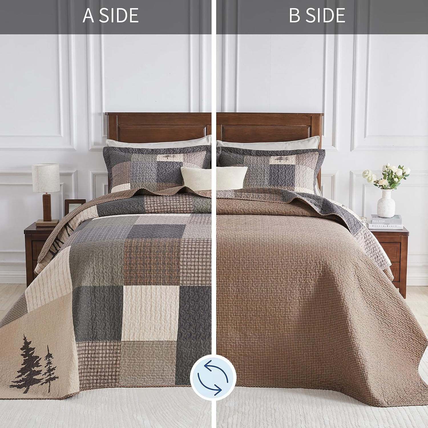 Oversized King Bedspreads 128x120, 100% Cotton California King Quilt, Forest Tree Bear Deer Pattern, Lightweight Plaid Quilted Coverlet Bedding Set, 3 Pcs, All Season, Brown/Beige/Green