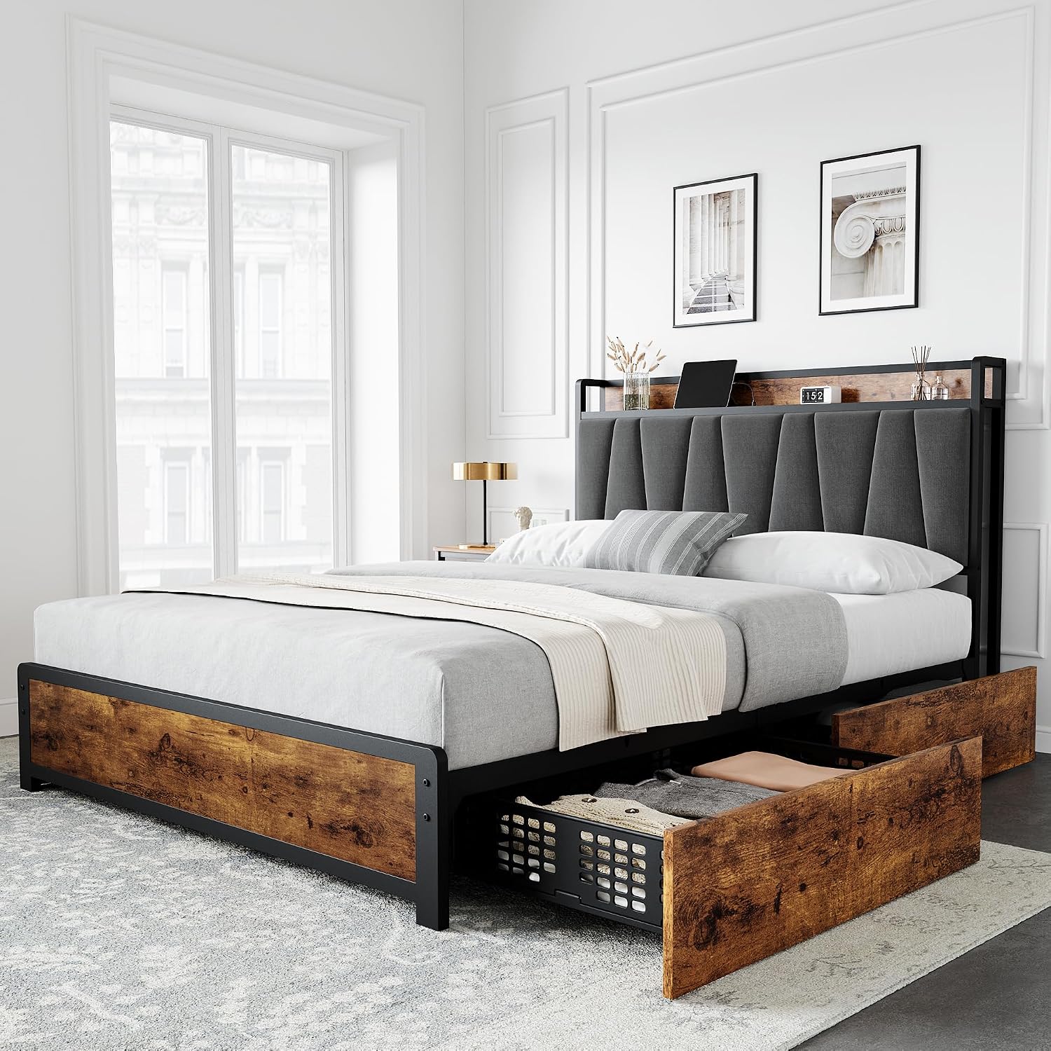 GarveeHome Full Size Bed Frame with Storage Linen Upholstered Headboard, 4 Drawers Platform Bed Frame with Charging Station, No Box Spring Needed, Easy Assembly, Rustic Brown