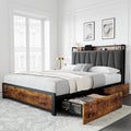 GAOMON Full Size Bed Frame with 4 Storage Drawers and Linen Upholstered Headboard, Full Platform Bed Frame with Charging Station, No Box Spring Needed, Easy Assembly, Vintage Brown