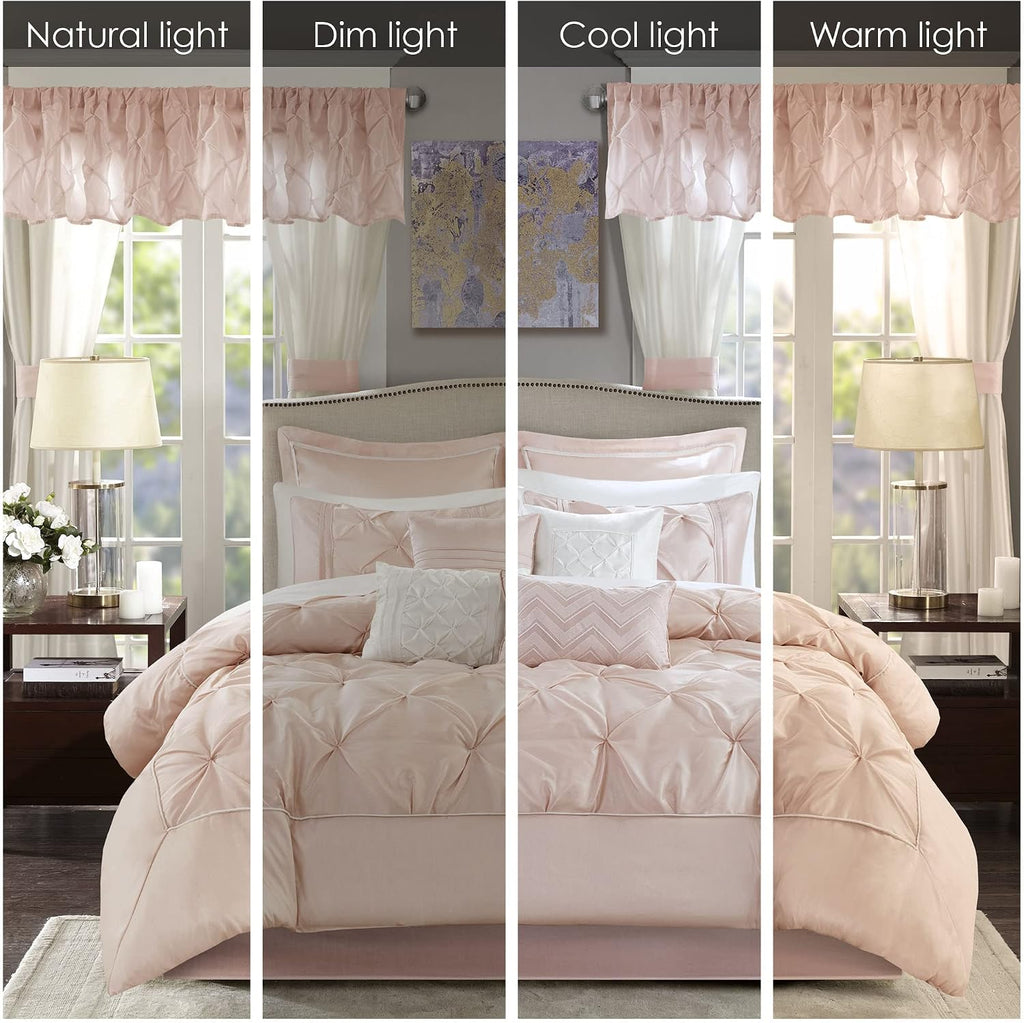 Madison Park Essentials Room in a Bag Faux Silk Comforter Set-Luxe Diamond Tufting All Season Bedding, Matching Curtains, Decorative Pillows, Cal King(104'x92'), Blush 24 Piece (MPE10-811)