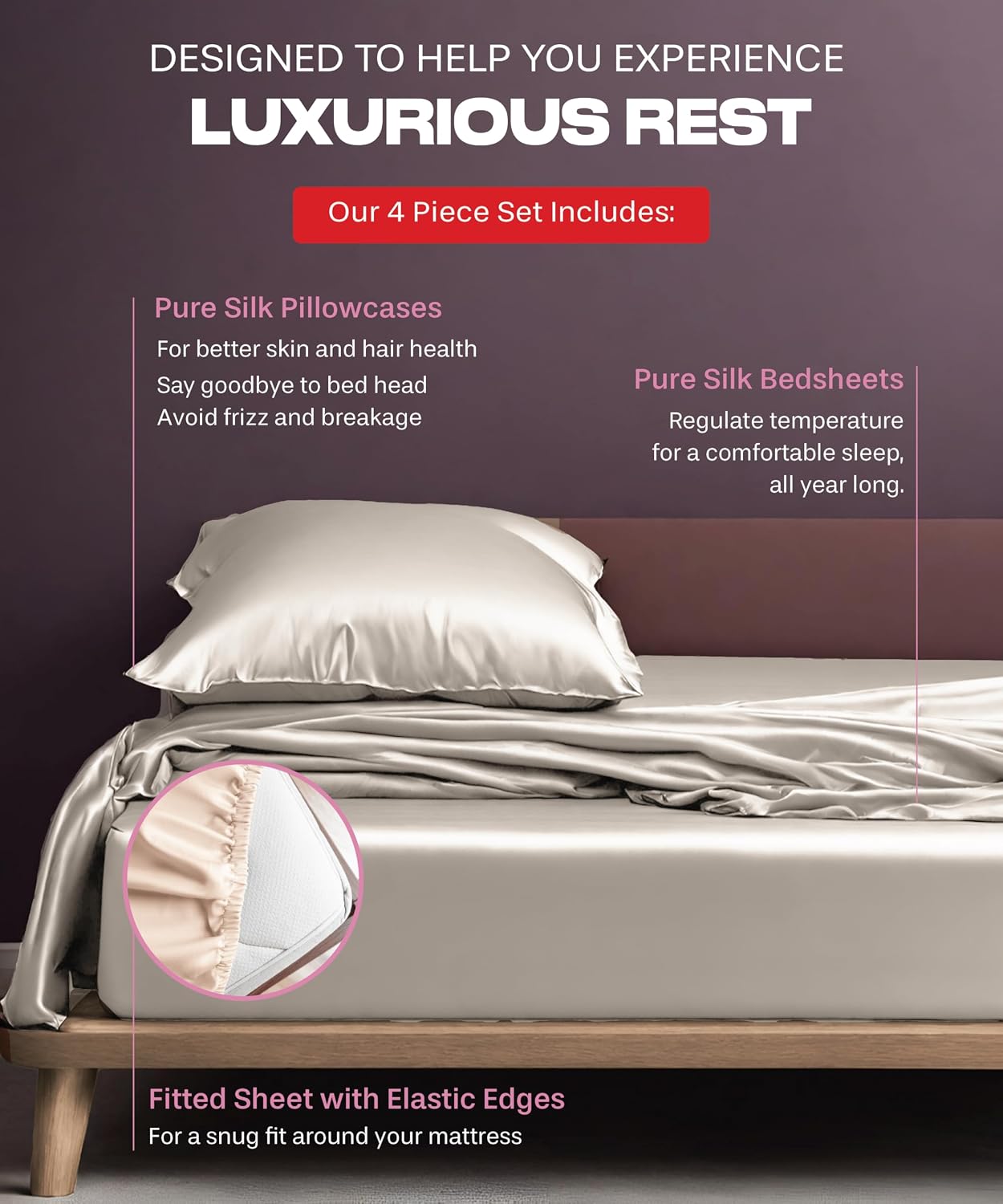 Colorado Home Co SUNDAYSILKS | 100% Mulberry Silk Bed Sheets | King Size | 4PC Set | Soft & Durable | Grade 6A Organic Real Silk | Off White
