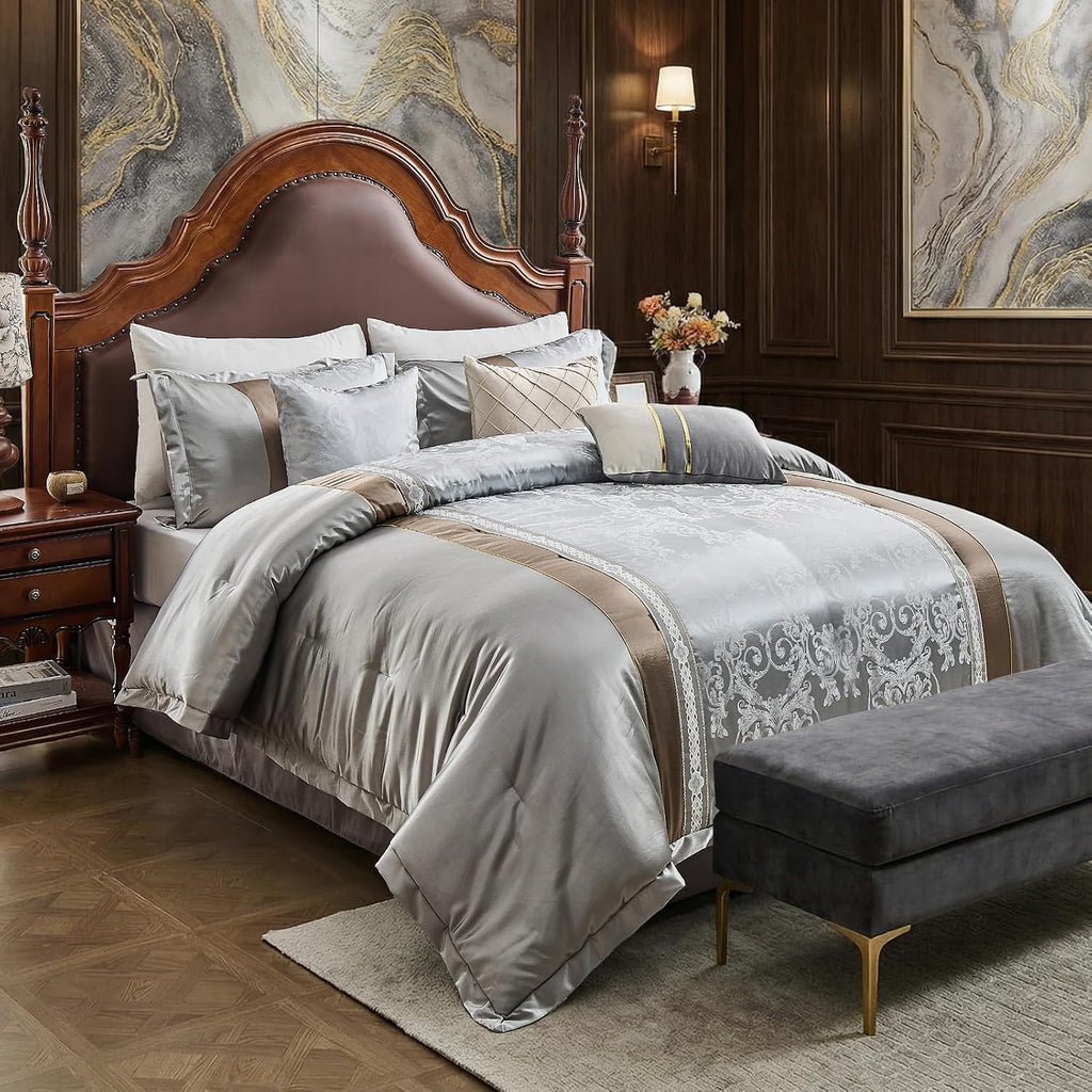 Bedduvit Luxurious Silky 7 Piece Queen Comforter Set - Soft Jaquard Floral Patchwork Design Comforters Queen Size, Silver Gray Down Alternative Bedding Set with Bed Skirt, Shams and Decorative Pillows