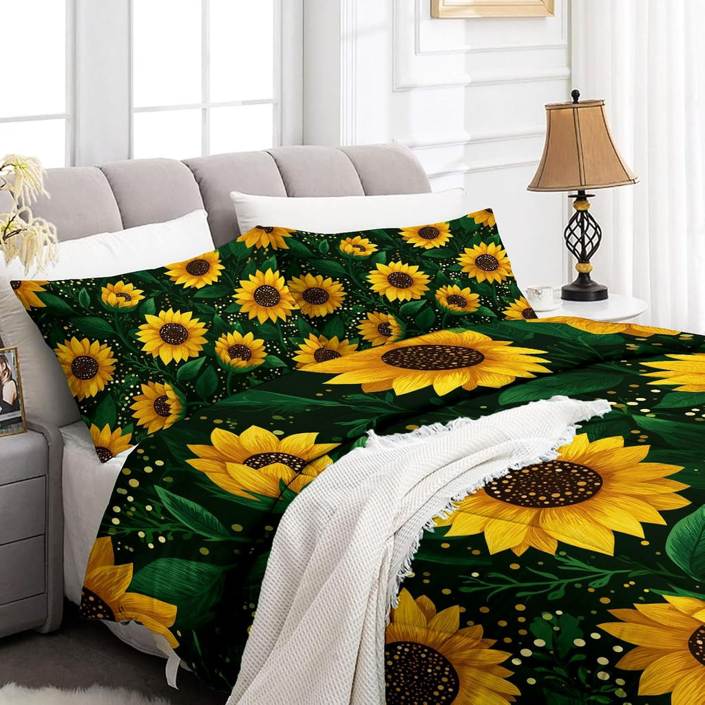 Comforter Set King with 2 Pillowcase, Hand Drawn Sunflower Petals 3 Pcs Quilted Bedding for Kids and Adults, Soft Fluffy Breathable Microfiber Dark Green Comforter for Bedroom Decor
