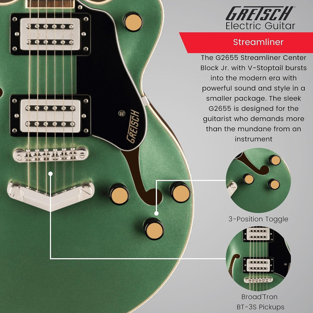Gretsch G2655 Streamliner Center Block Jr. Electric Guitar with Maple Body (Steel Olive) Bundle