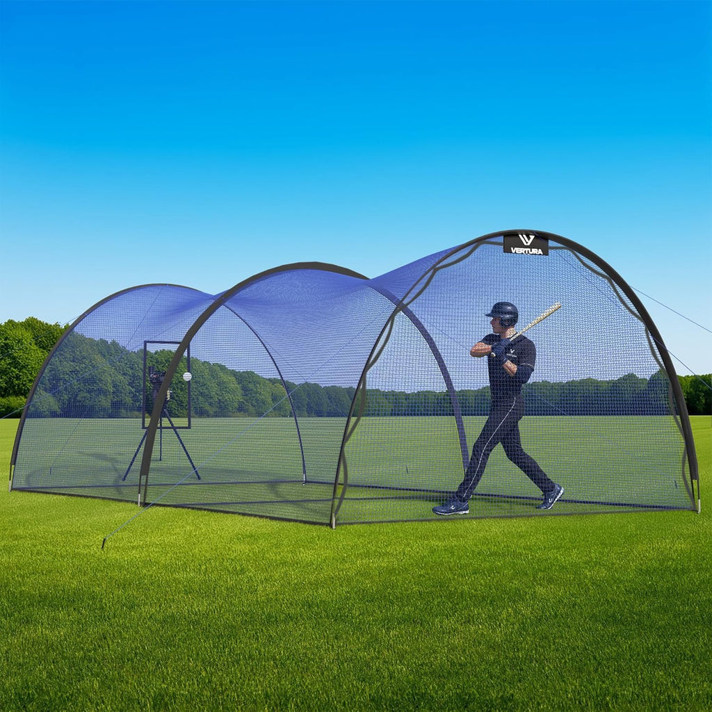 Portable 22ft x 12ft x 8ft Baseball & Softball Batting Cage – Easy to Install Hitting Cage with Pitching Machine Hole, 3-Ply Blue Netting, 14mm Fiberglass Poles, Secure Steel Frame & Carry Bag Include