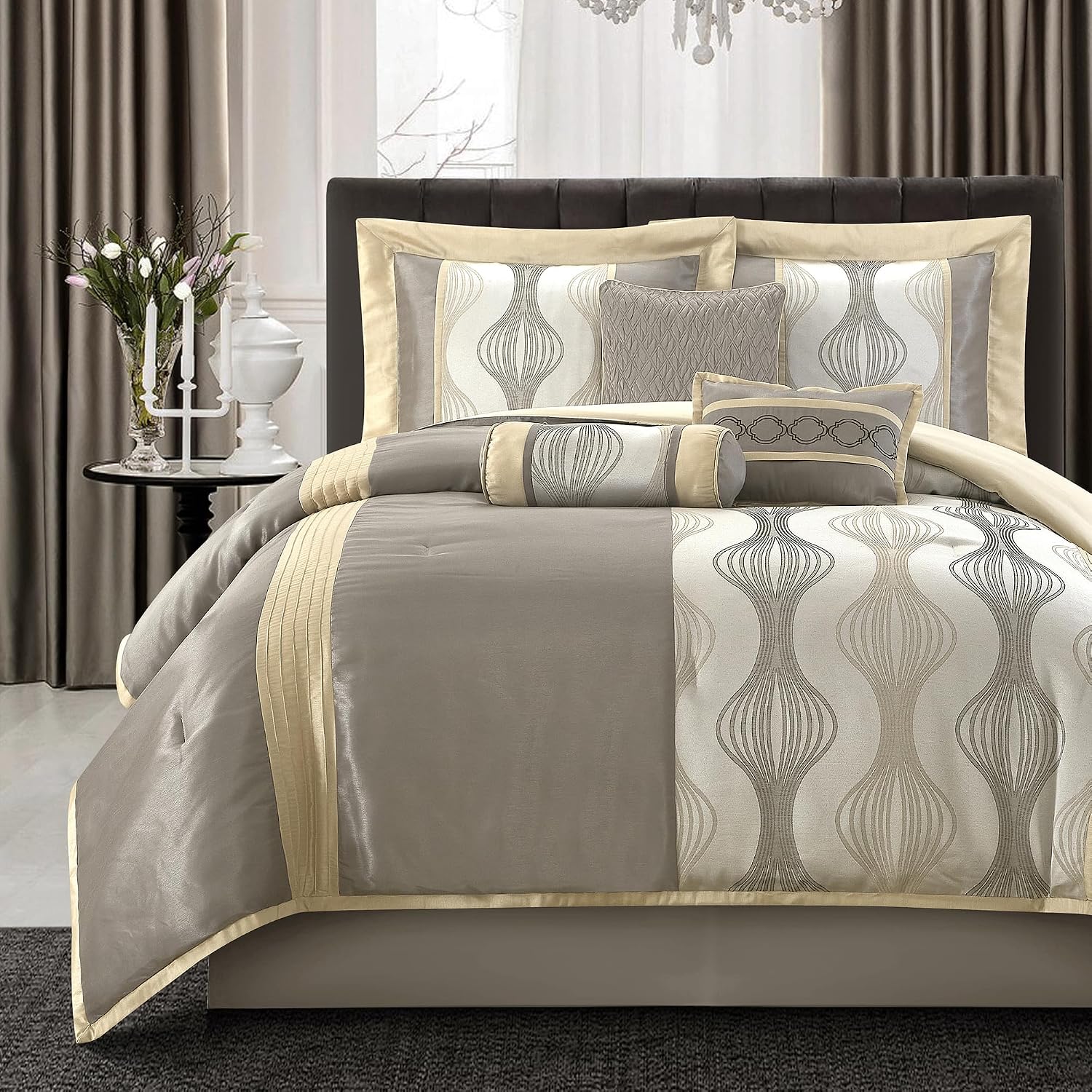 LANCO MODERN LIFESTYLE King Comforter Set, Grey Gold, 7 Pieces in a Bag, Ultra Soft Jacquard with Solid Piecework, Luxury Bed Set with Comforters, Bed Skirt, Pillow Shams and Decorative Pillows