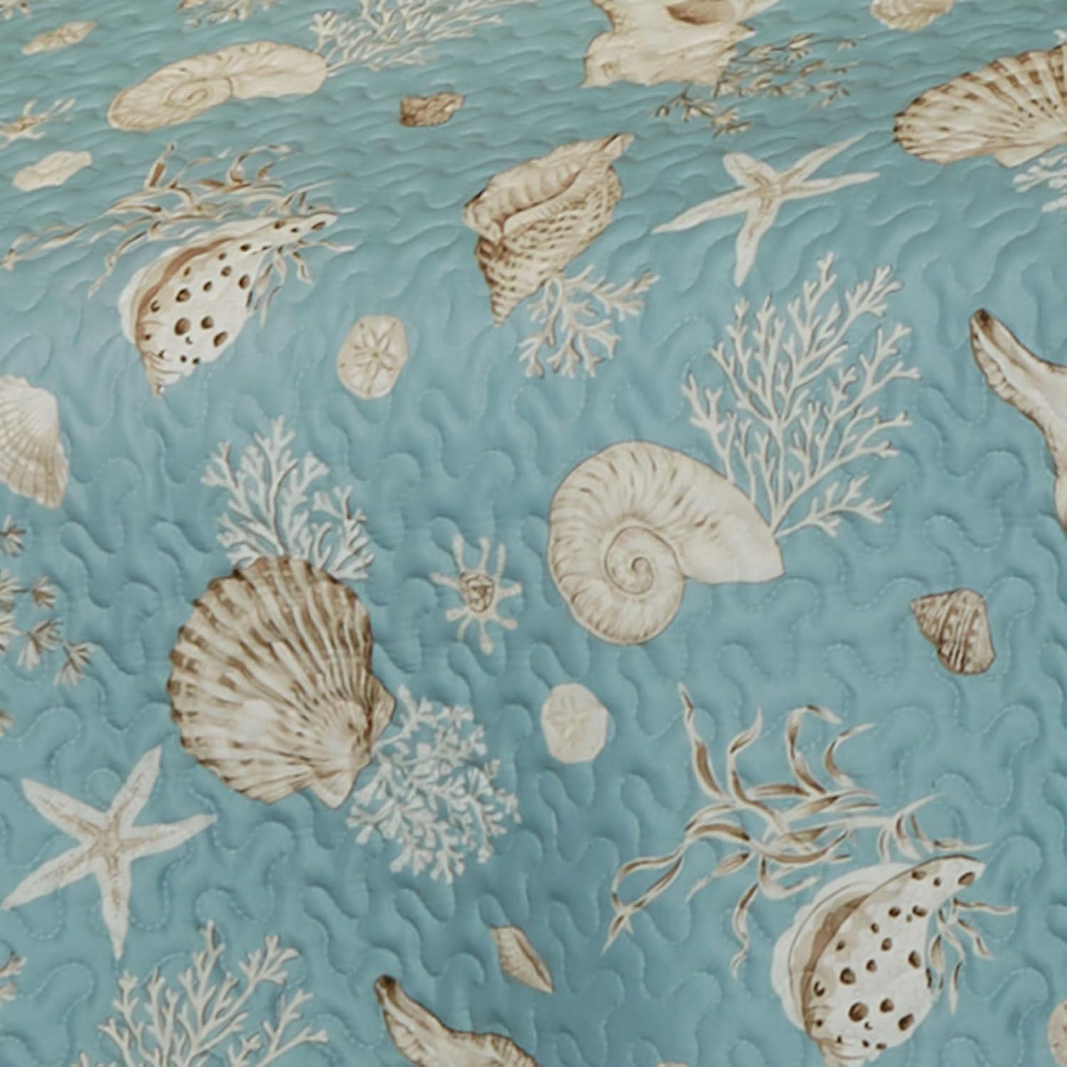 Seabreeze Coastal Beach Polyester Microfiber Bedding | All Season Quilted | Shell Starfish Coral Stripe | Aqua Teal Ivory Cream | Washable 3 Pc Set: Twin Quilt, 1 Standard Sham, Bedskirt