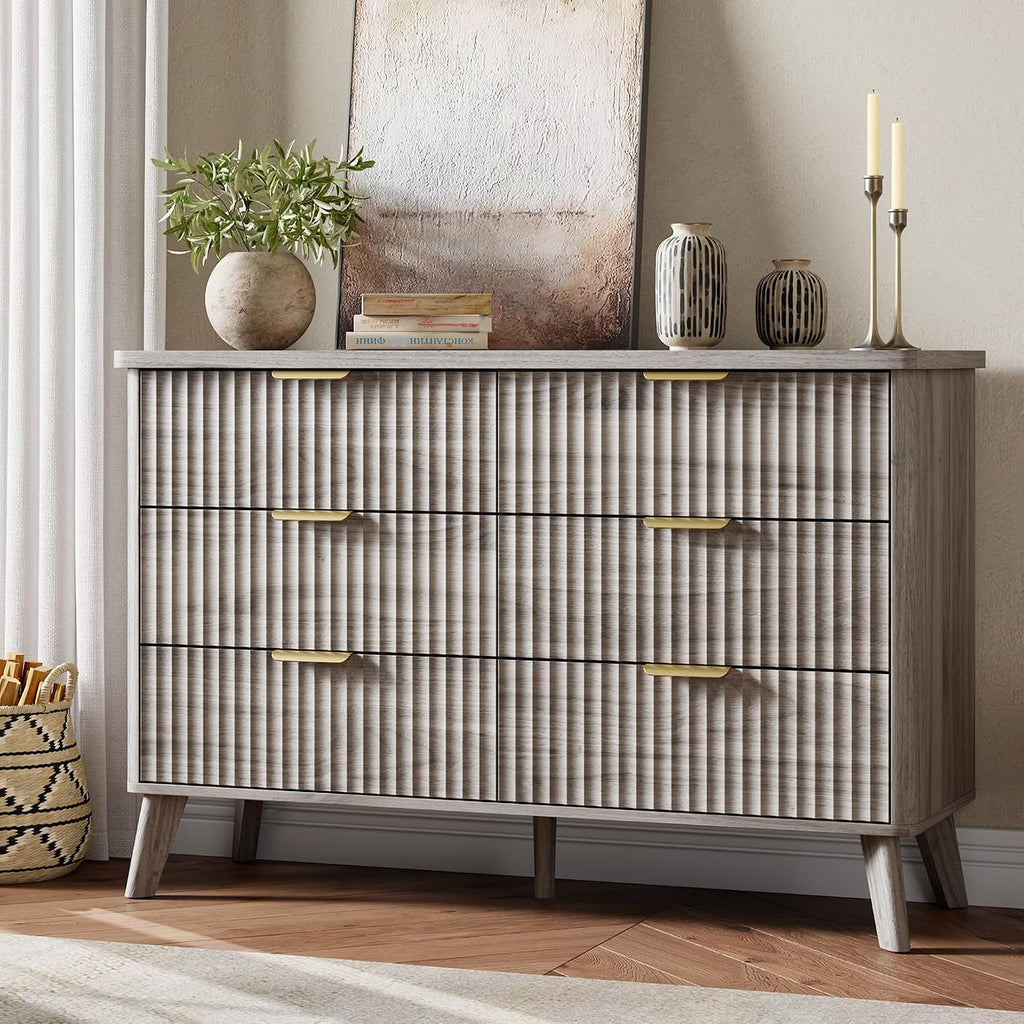 GarveeHome Fluted Dresser for Bedroom with 6 Deep Drawers, 47.2 in Wide Modern Chest of Drawers, Wooden Dresser TV Stand, Curved Profile Design, for Living Room, Kids Room, Hallway, Grey
