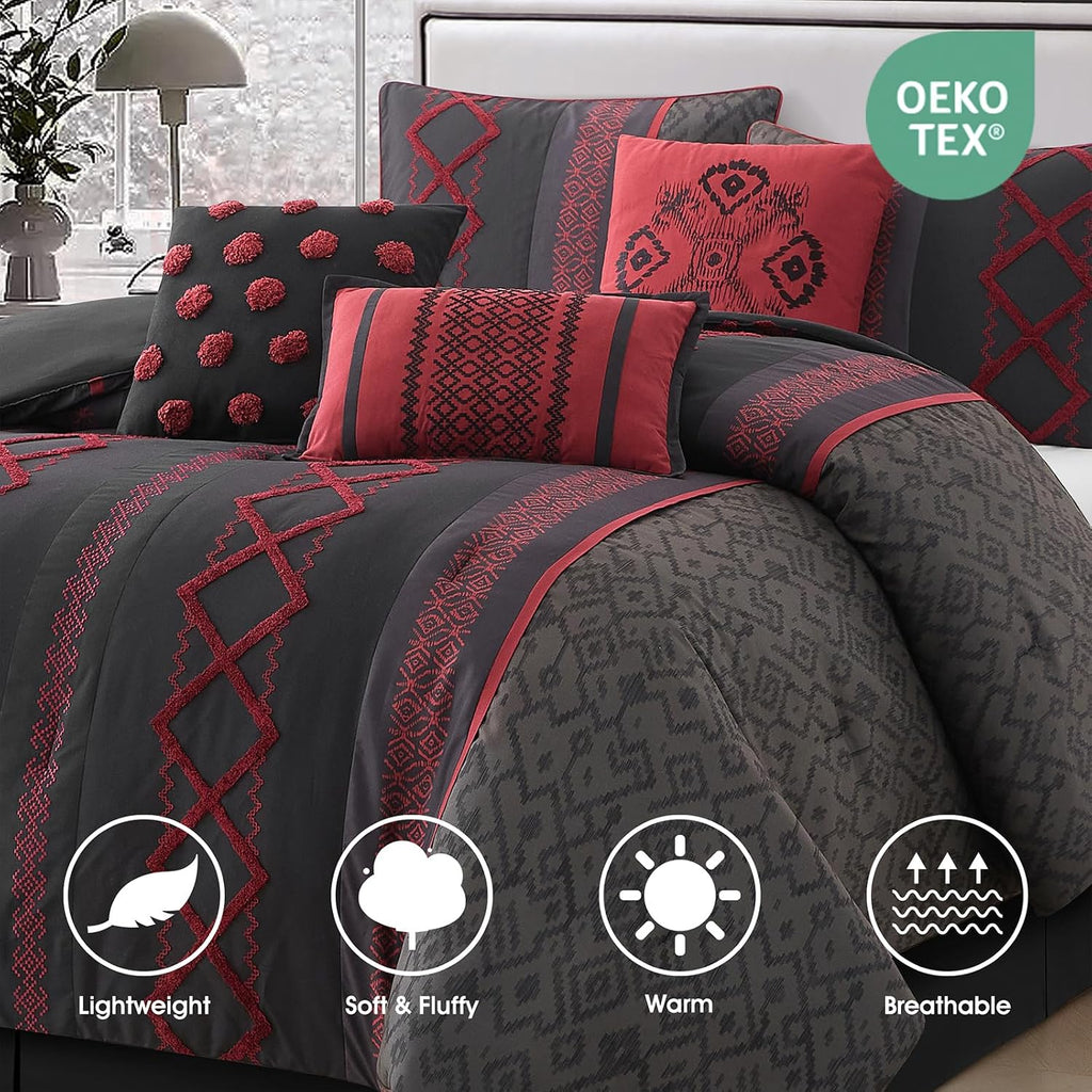 LANCO MODERN LIFESTYLE Black Red King Comforter Set, 7 Pieces All Season Bedding Sets in a Bag with Geometric Terry Embroidered Comforter, Bed Skirt, Pillow Shams and Decorative Pillows