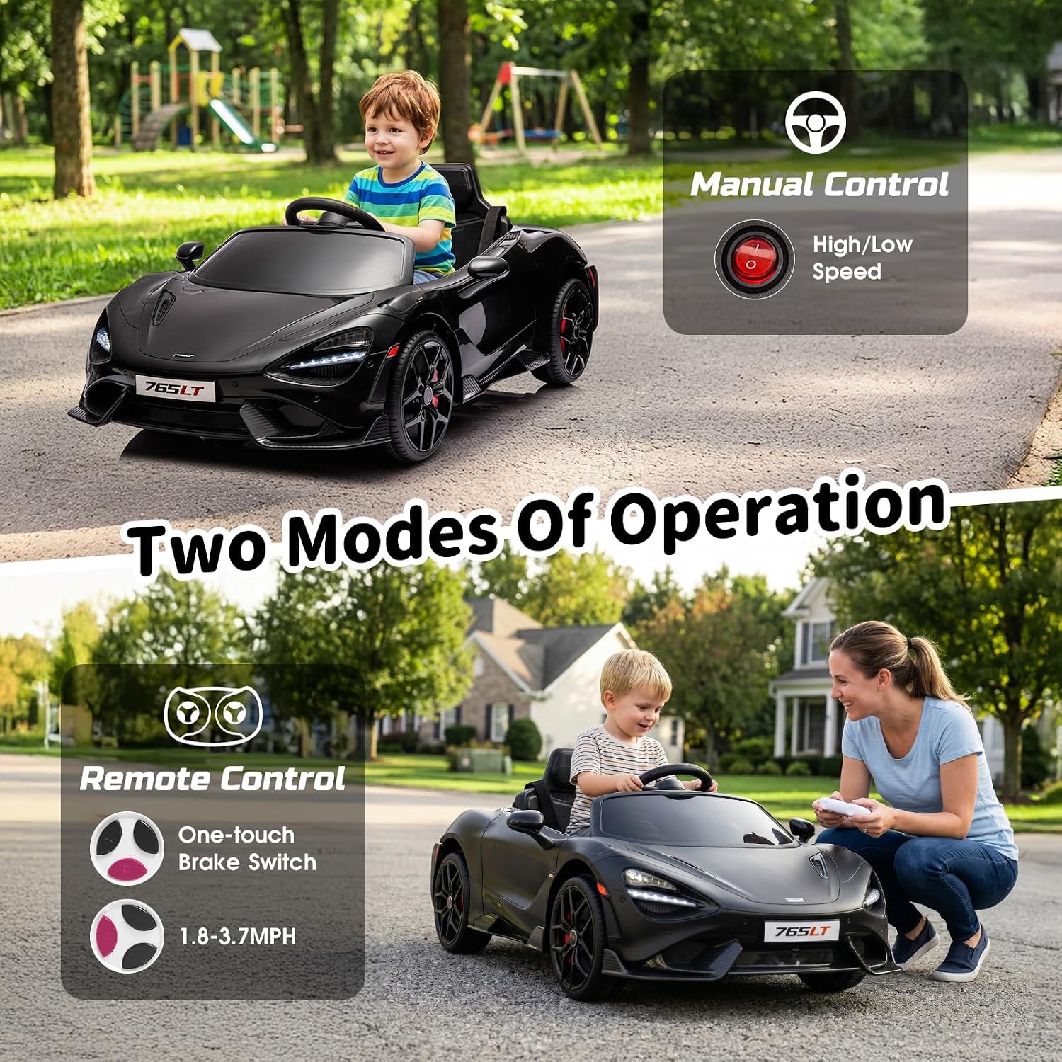 Kids Ride-on Car Licensed McLaren765LT for 3-6Years Old, Electric car 12V Battery Powered Electric Vehicle, w/Parent Remote, Music Player, LED Lights, Smooth Start, 3 Speeds, (Black)
