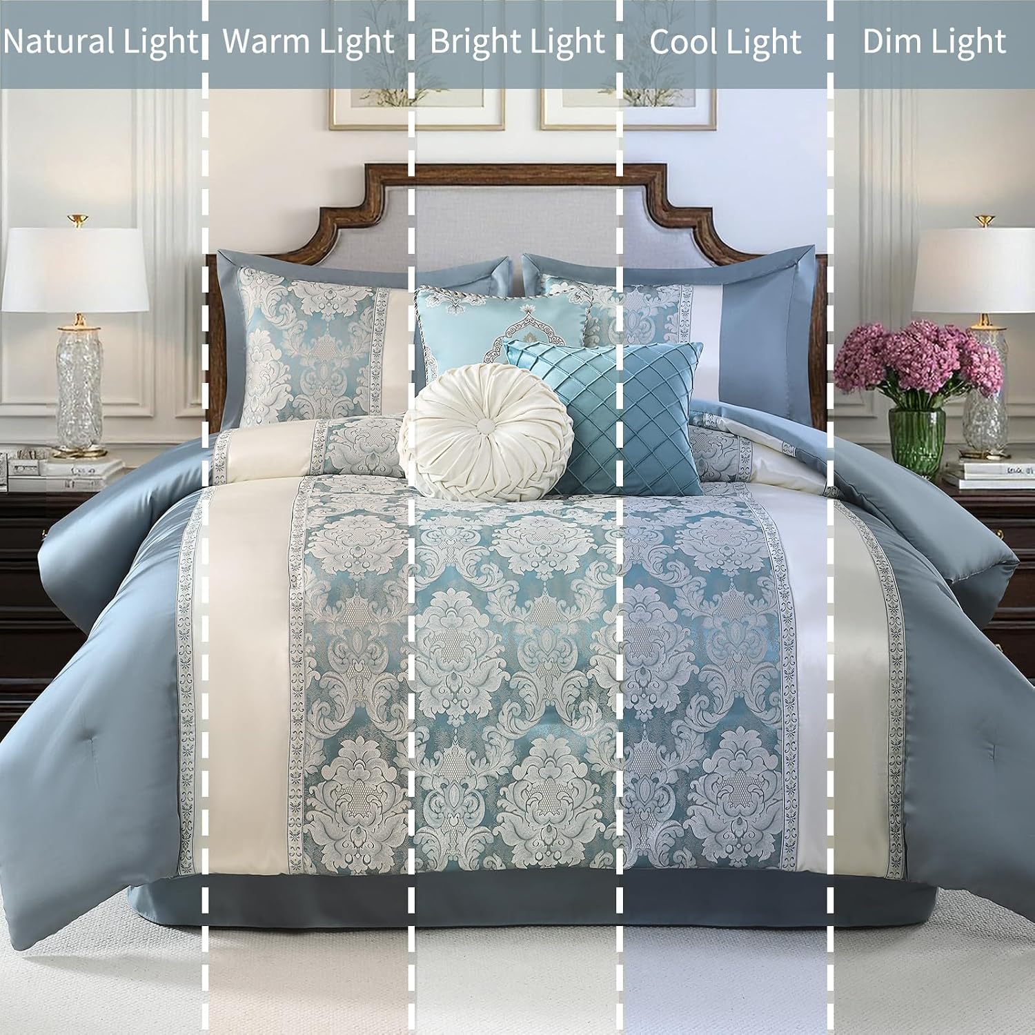 Queen Jacquard Comforter Set Teal Blue Cream - Luxury 7-Piece Bed in a Bag, Damask Patchwork Design, All Season Faux Silk Soft Fluffy Bedding with Bed Skirt, Shams, Pillows, 90'x90'