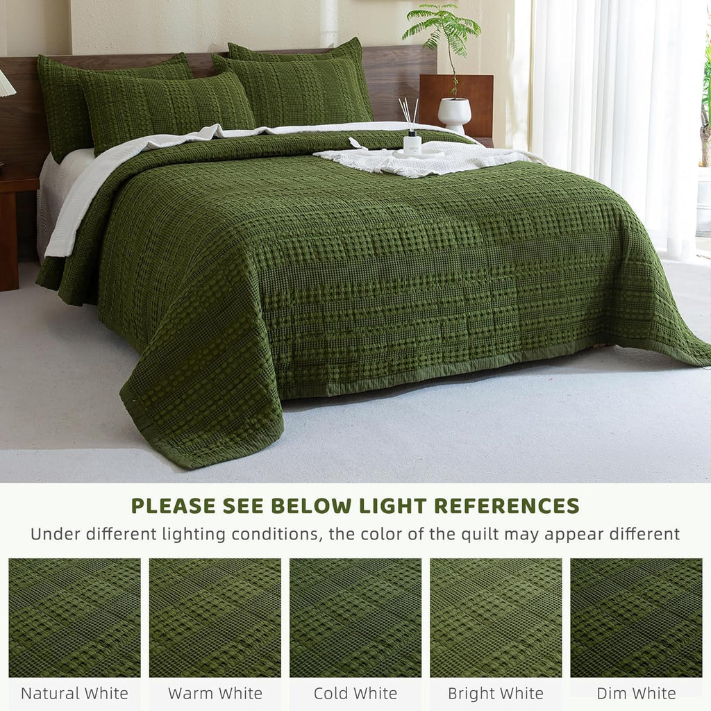 Sanracie Cotton Oversized King Bedspread Quilt(120'x120'),Olive Green Waffle Quilt Coverlet Set 3Pcs Extra Large King Quilt Bedding Set,Farmhouse Coverlet Quilt Set Shabby Vintage Chic Bedding