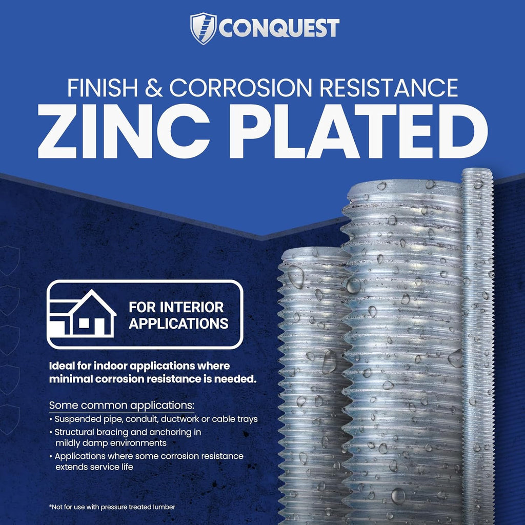 Conquest A307 Zinc Plated Threaded Rod 7/8'-9 x 24 Inches (4-Pack) - Coarse Threaded All-Thread Rods - Manufactured to ASTM A307 Standards