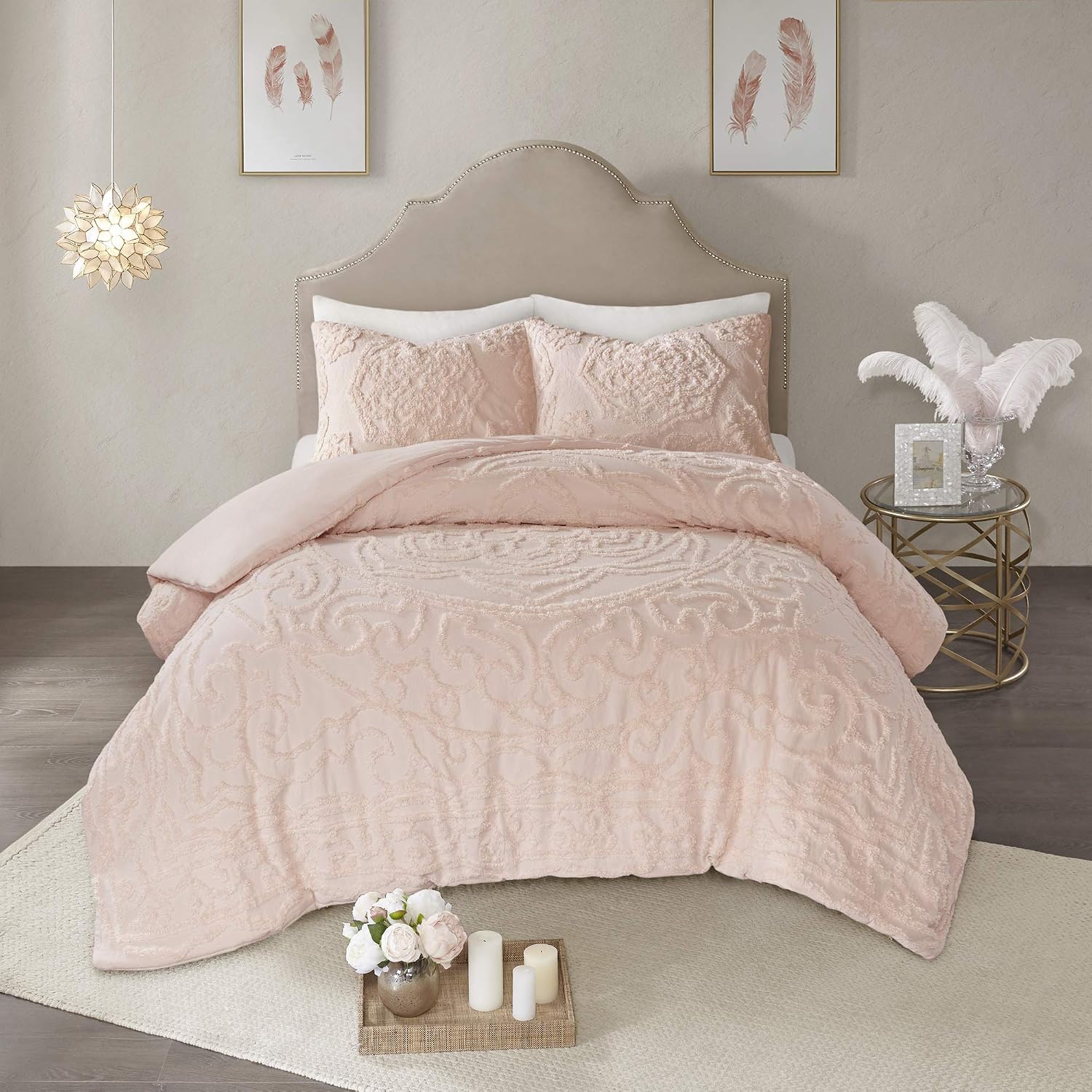 Madison Park Laetitia 100% Cotton Duvet Set-Chenille Tufted Medallion Design All Season Cozy Bedding Shabby Chic Comforter Cover, Matching Shams, King/California King (104 in x 92 in), Floral Blush