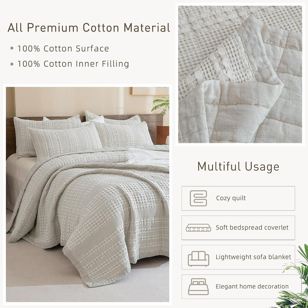 CozyTide 128'x120' Oversized Waffle Quilt Set,100% Cotton Khaki Bedding Bedspread Coverlet Set,3 Pieces Soft Lightweight Extra Large Farmhouse King Bedding Quilt for All Season