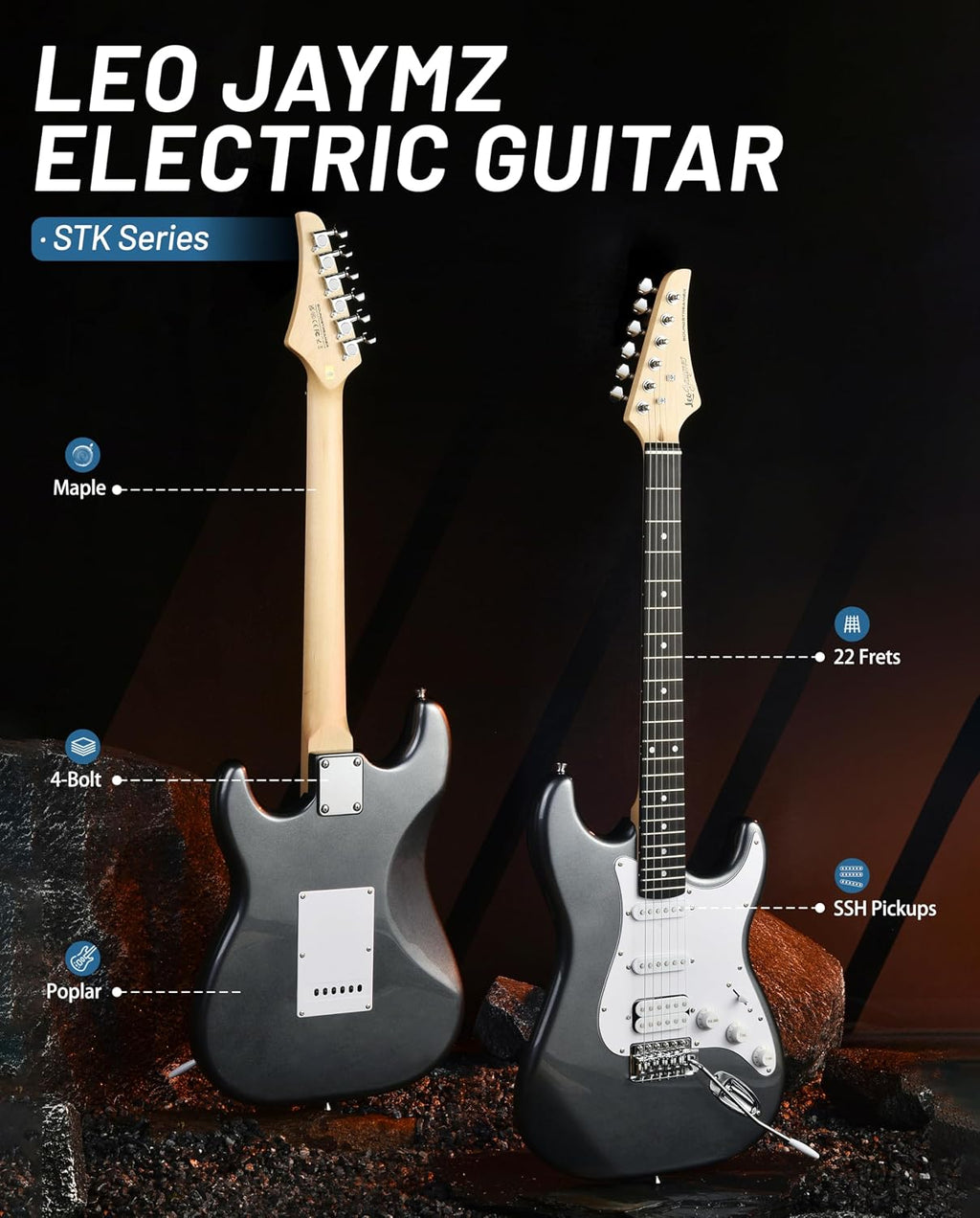 Leo Jaymz Beginner Electric Guitar 39' Kit with Portable Amplifier, Padded Gig Bag, Digital Tuner，Capo，Strap，Picks， HSS Pickups (Gray-HSS)