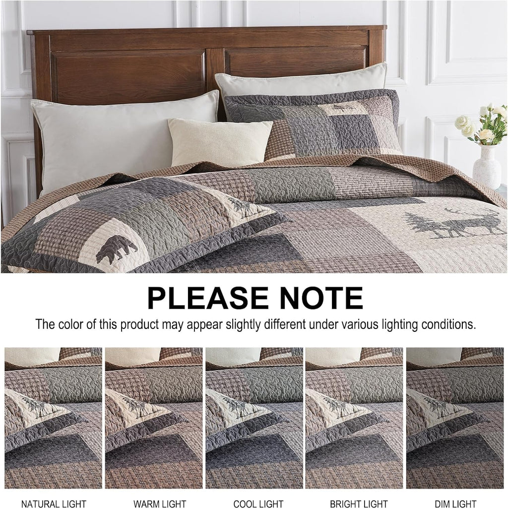 Oversized King Bedspreads 128x120, 100% Cotton California King Quilt, Forest Tree Bear Deer Pattern, Lightweight Plaid Quilted Coverlet Bedding Set, 3 Pcs, All Season, Brown/Beige/Green