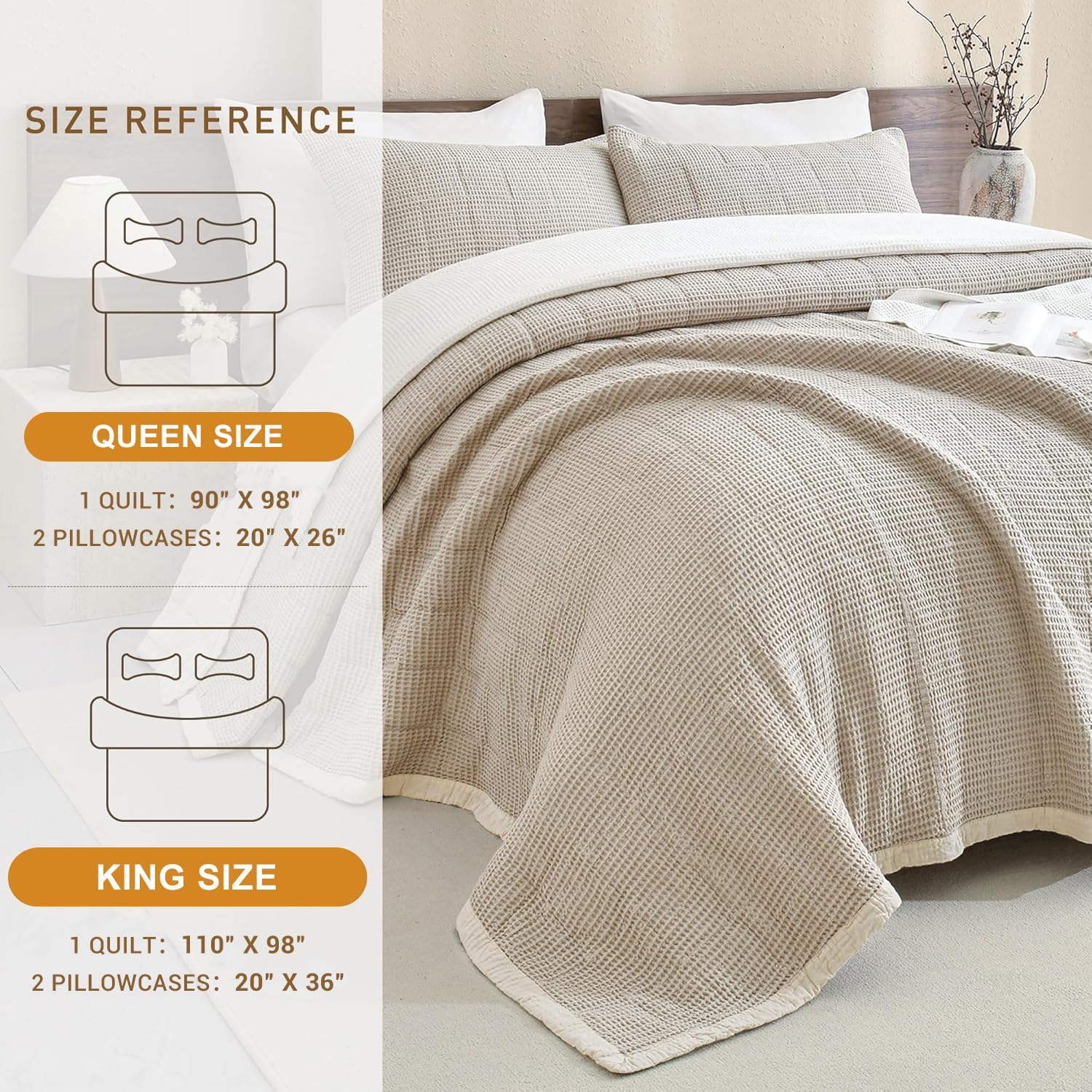 CozyTide King Size Quilt(110x98 Inch),100% Cotton Light Khaki King Quilt Bedding Set,Vintage Farmhouse Boho Lightweight Waffle Bedspread Ultra Soft