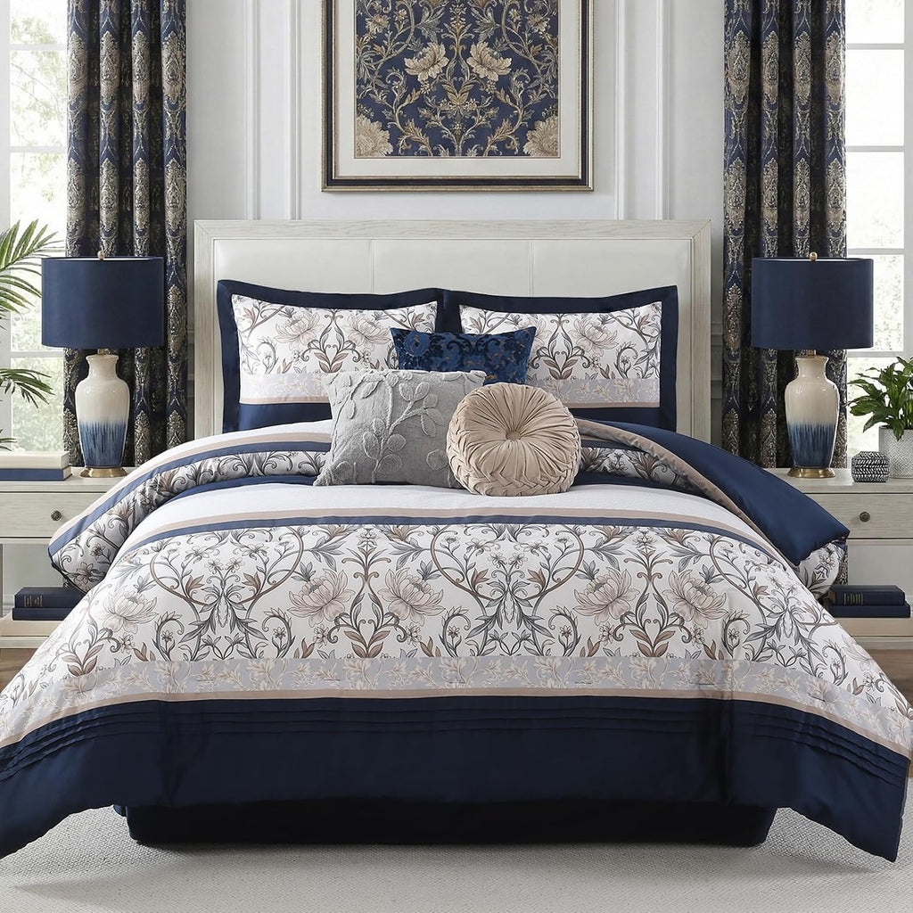 CozyDH 7-Piece Vintage Vine Floral Comforter Set, Navy Beige, Queen - 300TC Cotton Luxury Farmhouse Pleated Design, All-Season Down Alternative Bedding with Bedskirt, Shams, Decor Pillows, 90x90 in