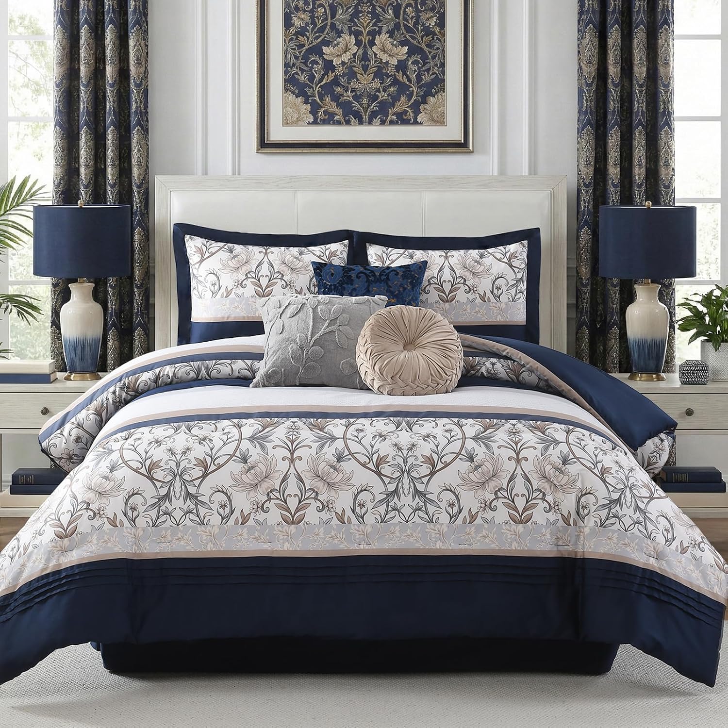 CozyDH 7-Piece Vintage Vine Floral Comforter Set, Navy Beige, Queen - 300TC Cotton Luxury Farmhouse Pleated Design, All-Season Down Alternative Bedding with Bedskirt, Shams, Decor Pillows, 90x90 in
