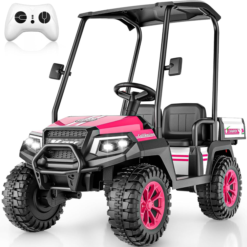 24V Kids Golf Cart w/Detachable Awning–4WD 2 Seater Ride on Car w/Large Storage Trunk, Remote Control, 3 Speeds, Music Player, LED Lights, Ride On Toys, Gift for Kids Ages 3-8(Pink)