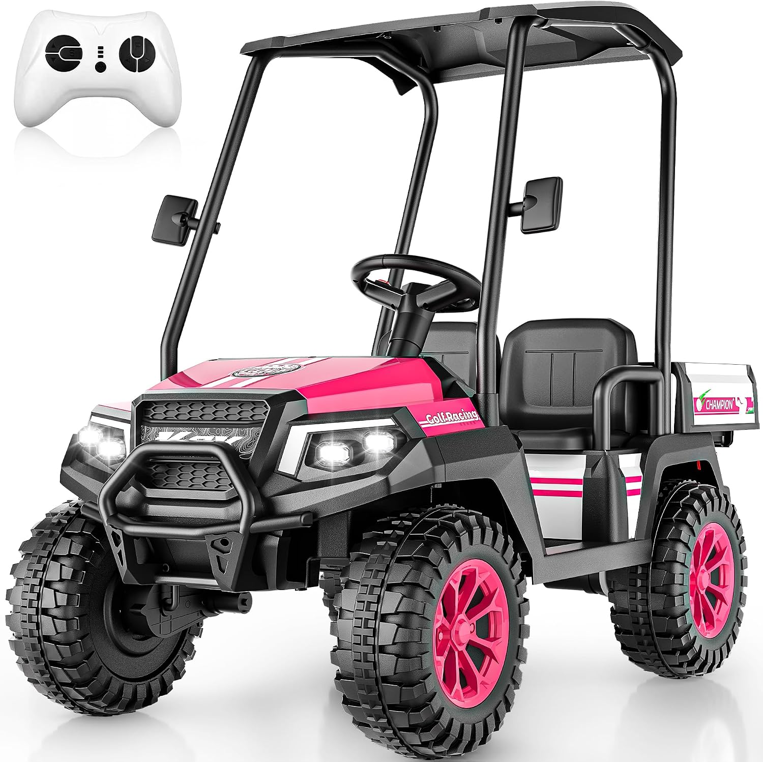 24V Kids Golf Cart w/Detachable Awning–4WD 2 Seater Ride on Car w/Large Storage Trunk, Remote Control, 3 Speeds, Music Player, LED Lights, Ride On Toys, Gift for Kids Ages 3-8(Pink)