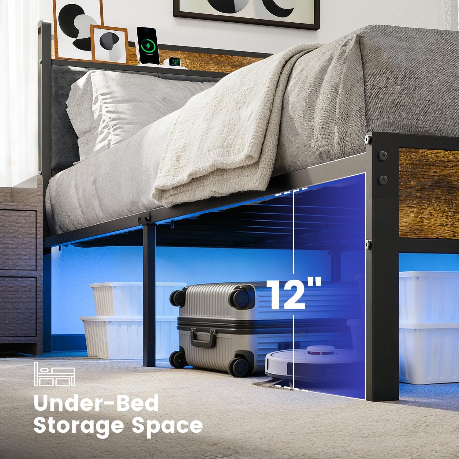 PROTEA Full Size Bed Frame with LED Lights and Built-in Charging Station, Upholstered Headboard with Storage Shelf, Sturdy Metal Platform, Noise Free, No Box Spring Needed