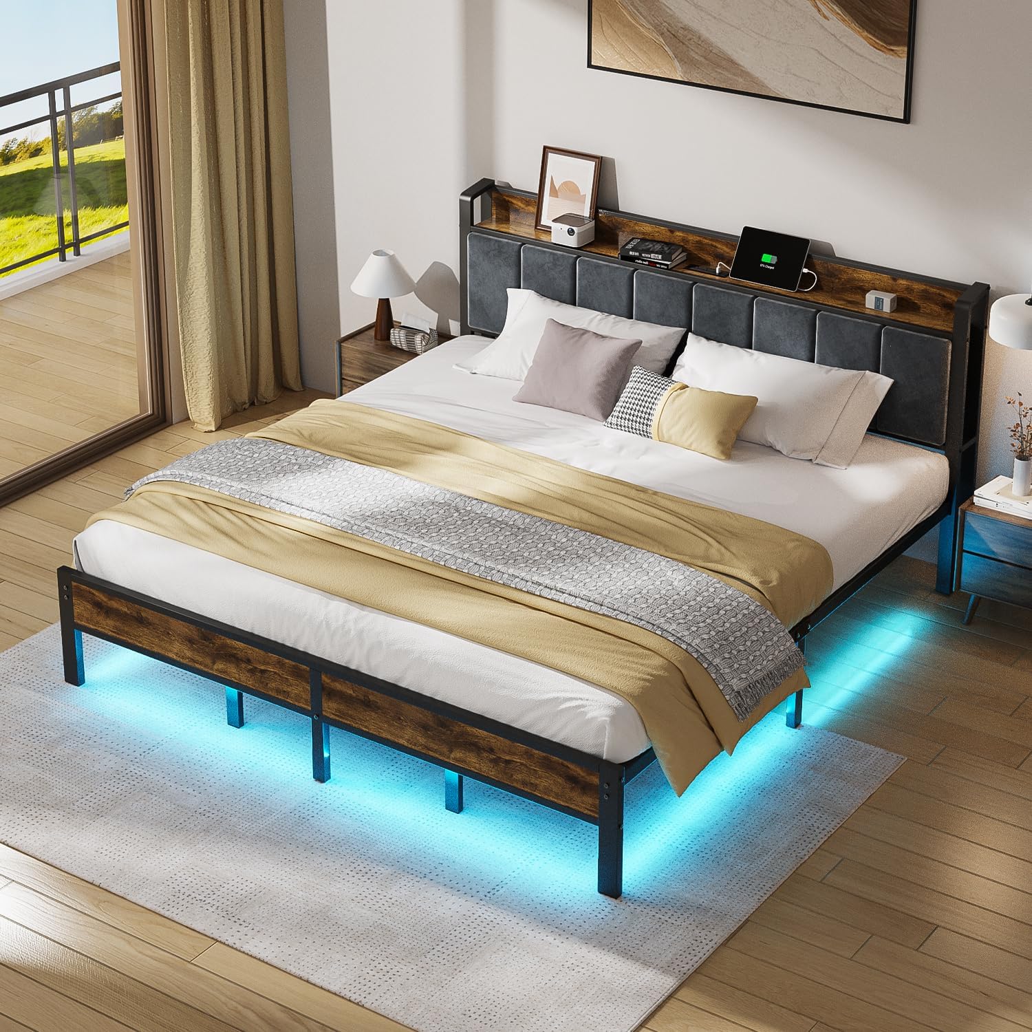 ALBERTO King Size Bed Frame with LED Lights, Upholstered Headboard with Storage and Charging Station, Metal Platform with Slats, No Box Spring Needed, Easy Assembly