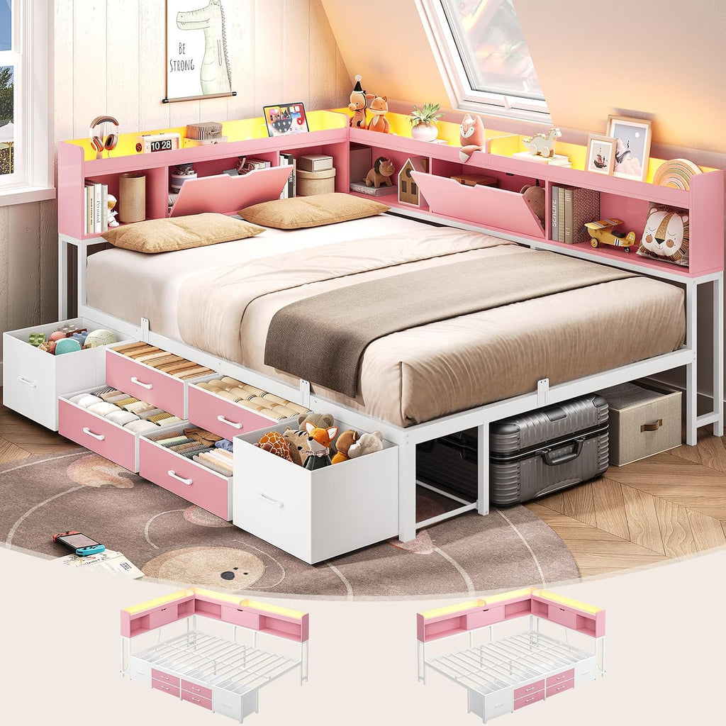 AOGLLATI Full Size Corner Bed Frame with 6 Storage Drawers and Bookcase Hidden Headboard, Full Bed Frame Metal Platform Daybed with Charging Station and LED Lights for Kids Teens, Pink