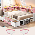 AOGLLATI Full Size Corner Bed Frame with 6 Storage Drawers and Bookcase Hidden Headboard, Full Bed Frame Metal Platform Daybed with Charging Station and LED Lights for Kids Teens, Pink