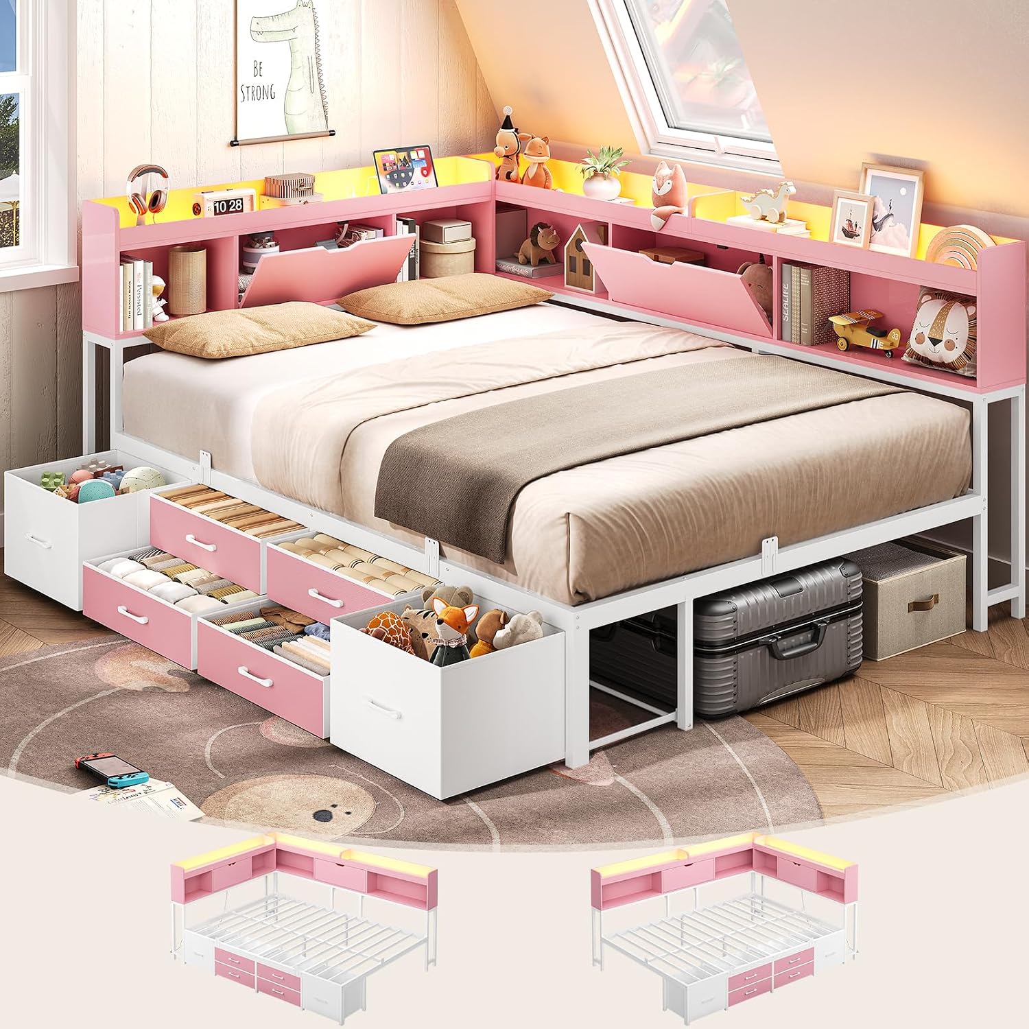AOGLLATI Full Size Corner Bed Frame with 6 Storage Drawers and Bookcase Hidden Headboard, Full Bed Frame Metal Platform Daybed with Charging Station and LED Lights for Kids Teens, Pink