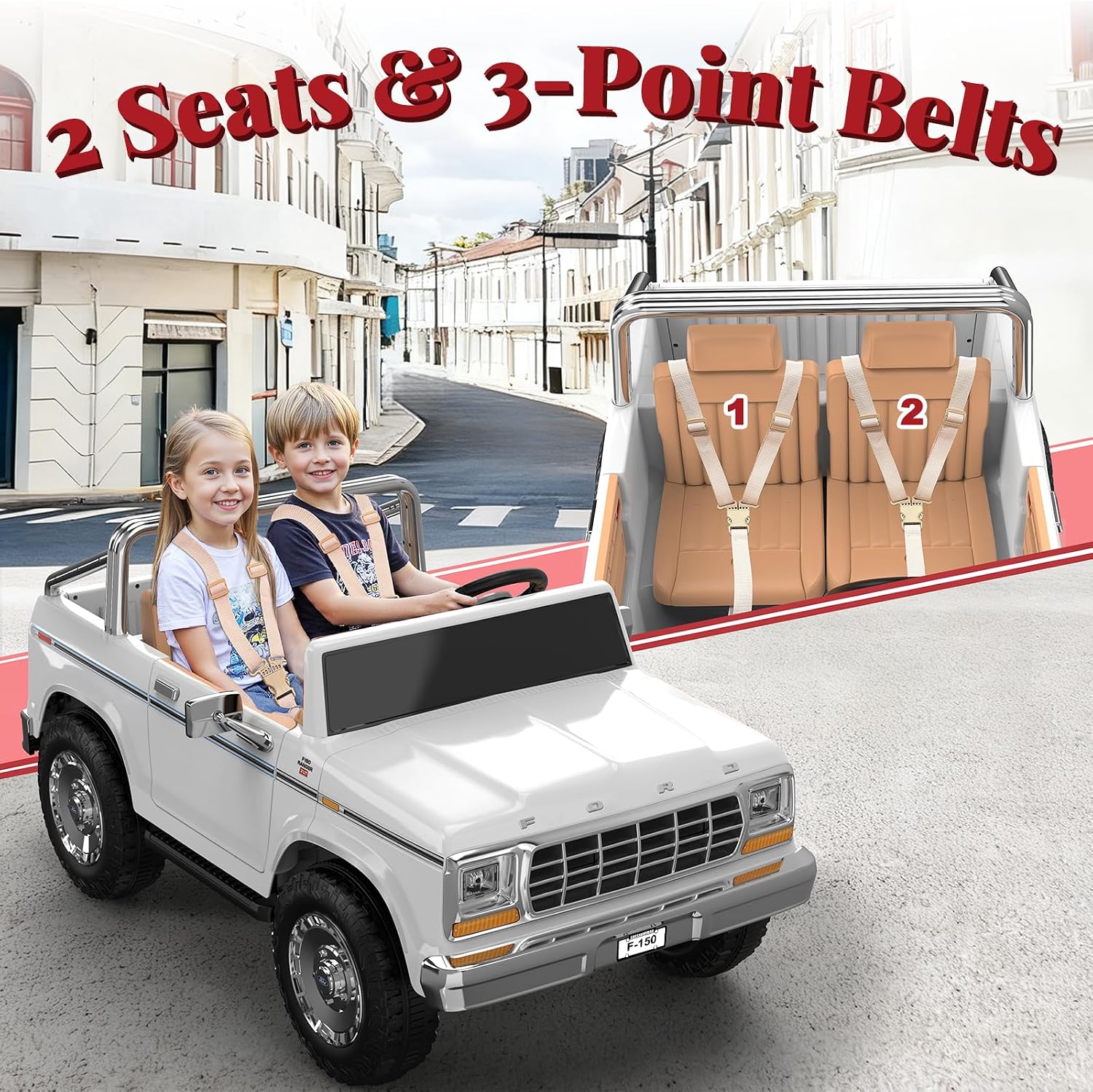 ANPABO Licensed Ford F-150 24V 2 Seater Ride on Car for Kids, 4x100W Motors for All-Terrain Electric Car with Parental Remote, Retro Style, 3-Speeds, Large Storage Box, Music Player, Aged 3-8, White