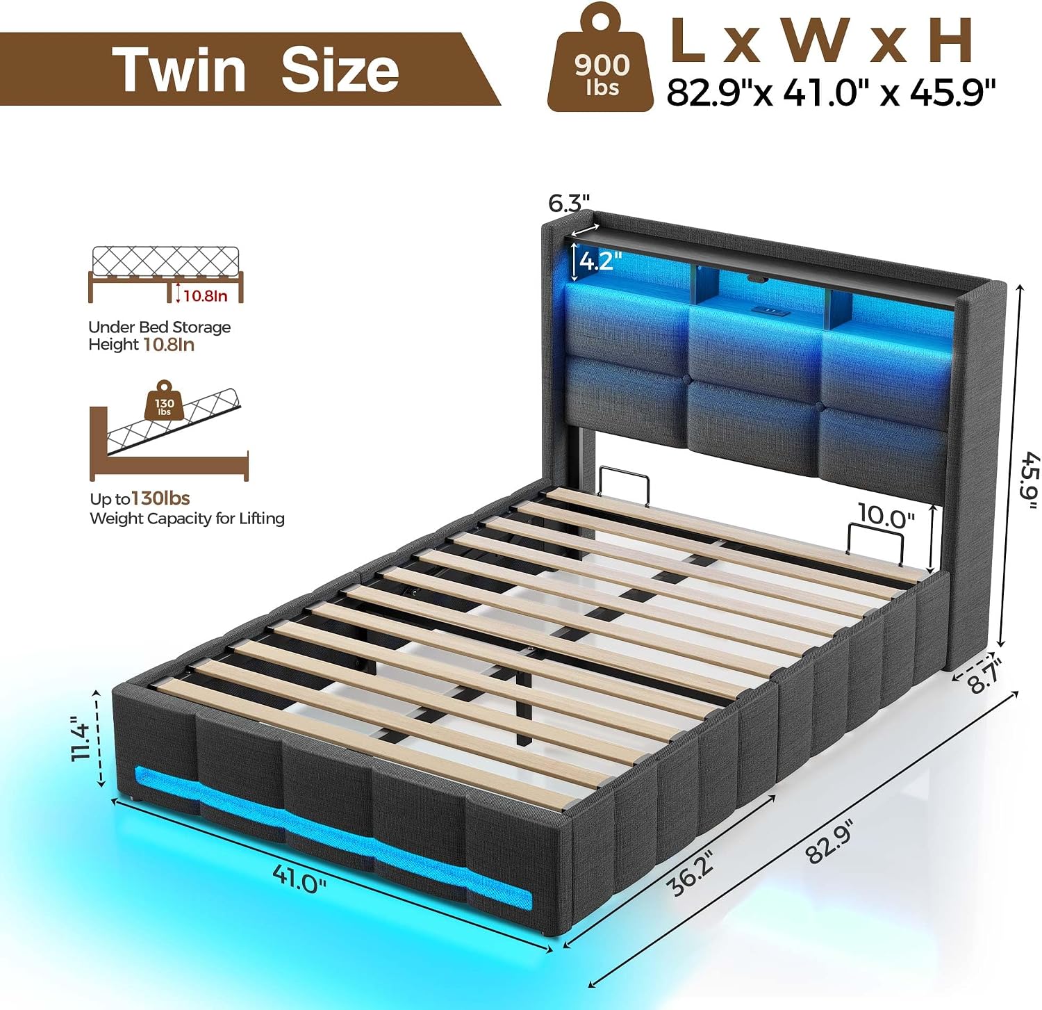 Rolanstar Bed Frame Twin Size with Lift Up Storage, Charging Station & LED Lights, Upholstered Storage Headboard, Heavy Duty Wooden Slats, No Box Spring Needed, Noise Free, Easy Assembly, Dark Grey