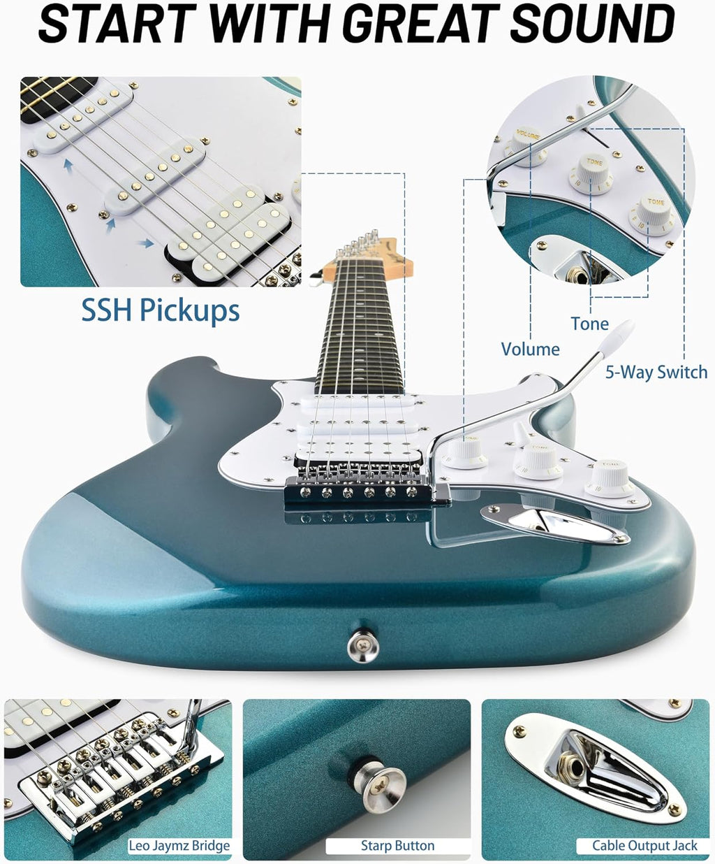 Leo Jaymz Beginner Electric Guitar 39' Kit with Portable Amplifier, Padded Gig Bag, Digital Tuner，Capo，Strap，Picks，HSS Pickups (Teal-HSS)