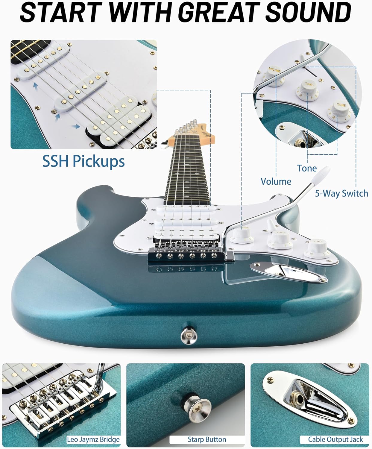 Leo Jaymz Beginner Electric Guitar 39' Kit with Portable Amplifier, Padded Gig Bag, Digital Tuner，Capo，Strap，Picks，HSS Pickups (Teal-HSS)